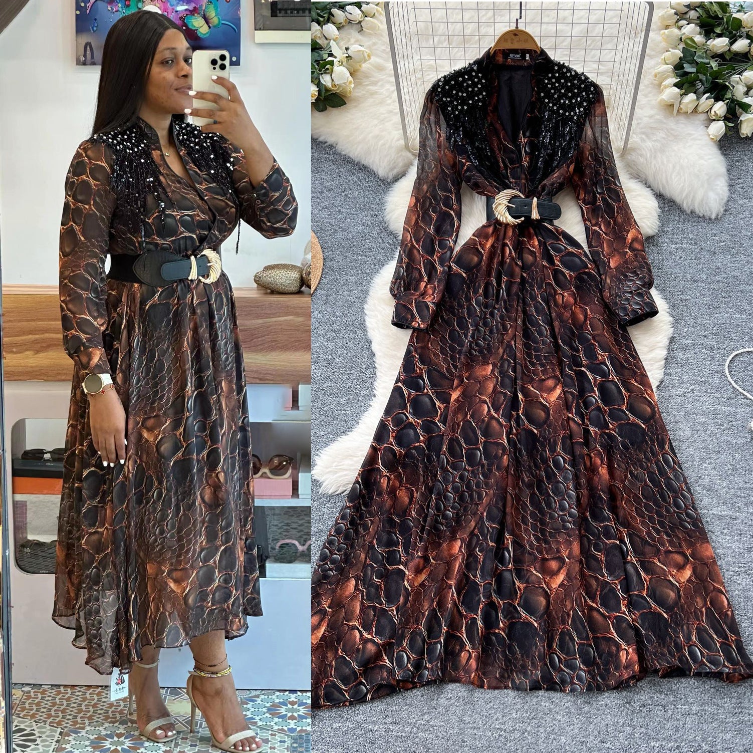 Fashionable Women's Beaded Sequin Embroidery V neck Slim Waist Long Sleeve Leopard Print Elegant Long Dress 3