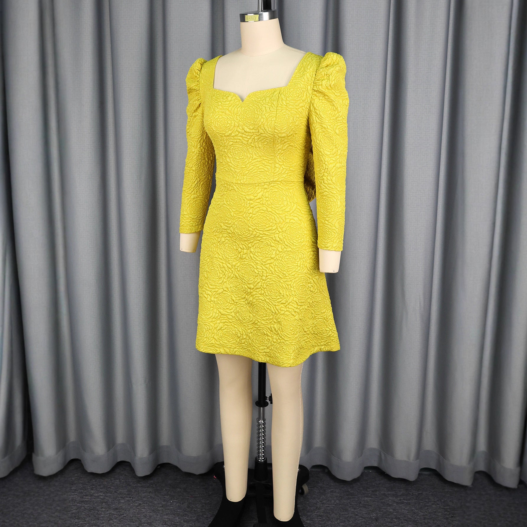 Square Neck Jacquard Puff Long Sleeve Short Dress Bow Low Back Design Elegant Party Evening Gown Dresses 4