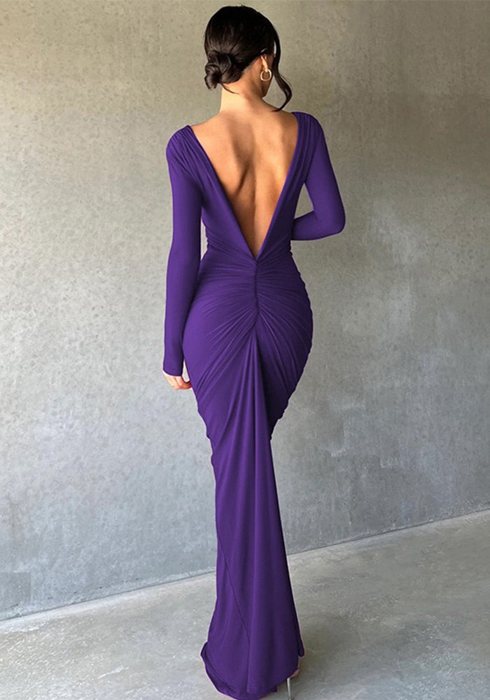 Women Pleated Long Sleeve Backless Bodycon Maxi Evening Dress