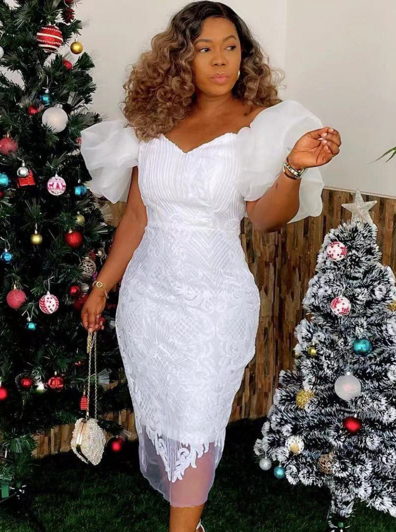 V-Neck Lace Chic Slim Waist Bubble-Sleeve Slit Dress