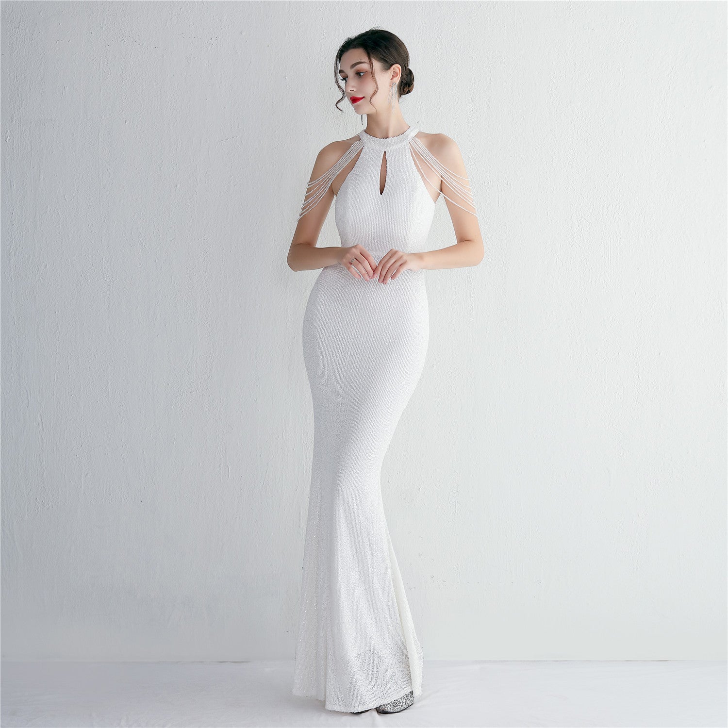 WomenElegant Sequined Halter Neck Evening Dress 15