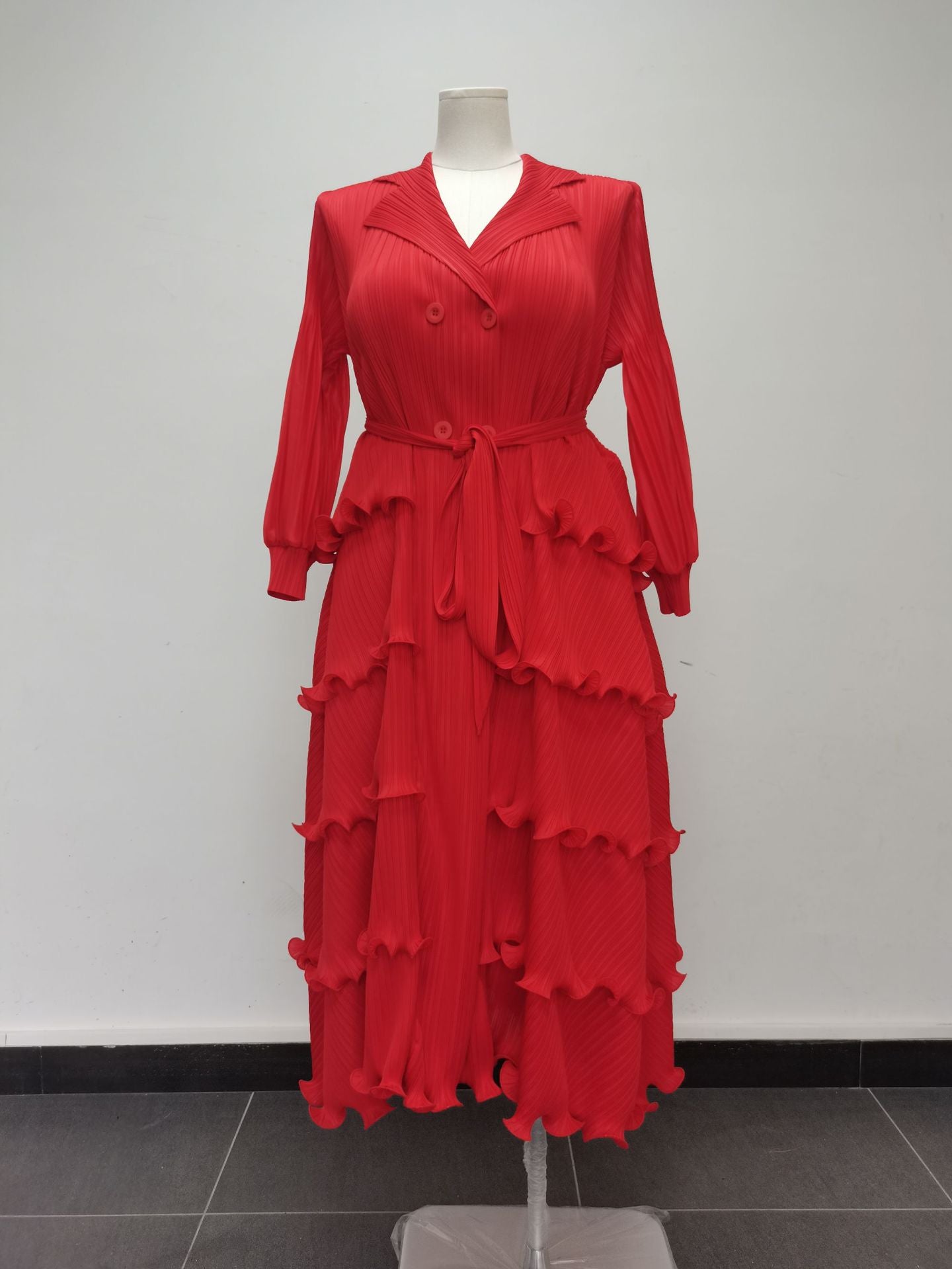 Plus Size Women Pleated Ruffle Edge Lace Lantern Sleeve Dress