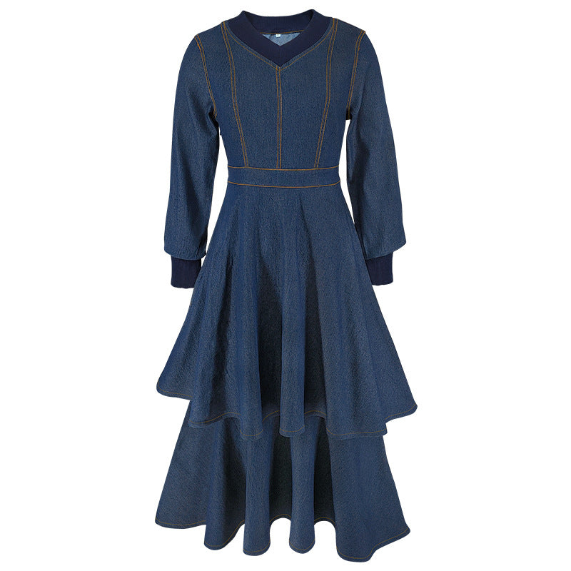Women's Clothing Ribbed V-Neck Long Sleeve Denim Dress 8