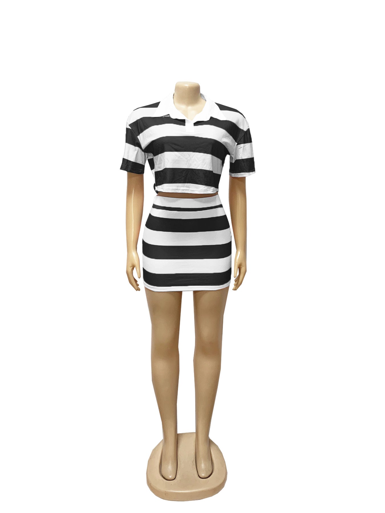 Women Striped Contrast Turndown Collar Crop Top and Bodycon Skirt Two-Piece Set 21