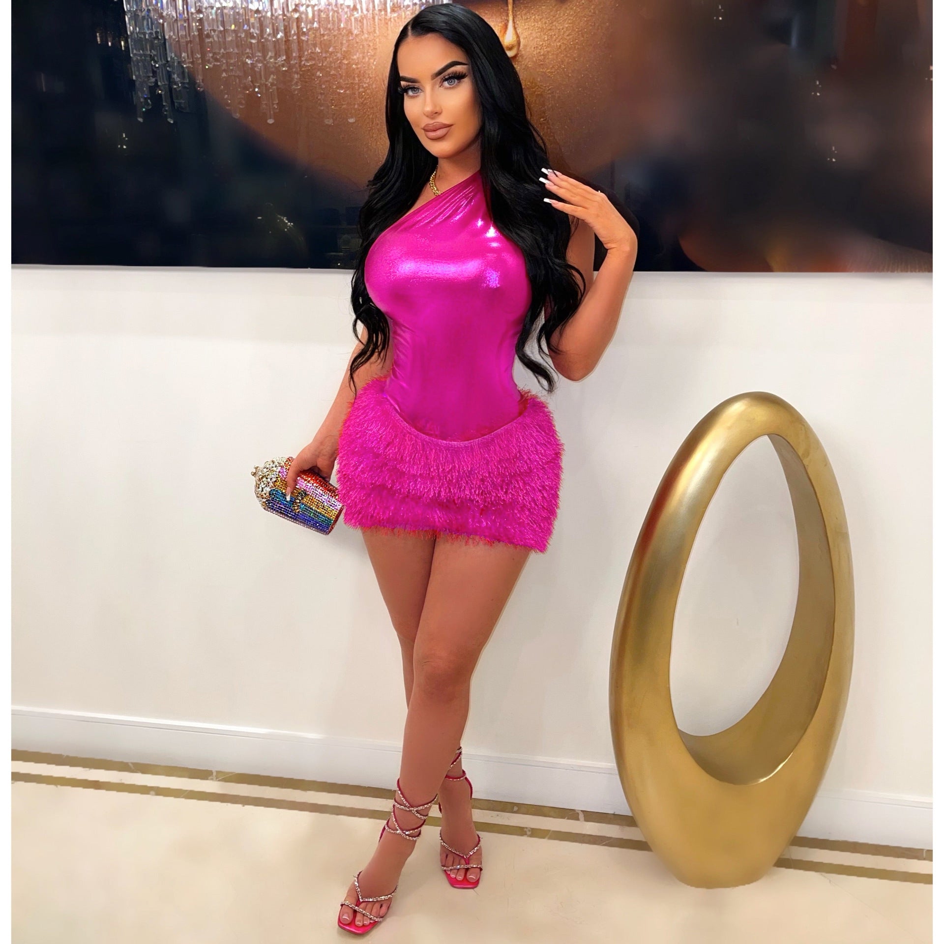 Women's Solid Color Glossy Bodysuit Sexy Short Skirt Two-Piece Set 6