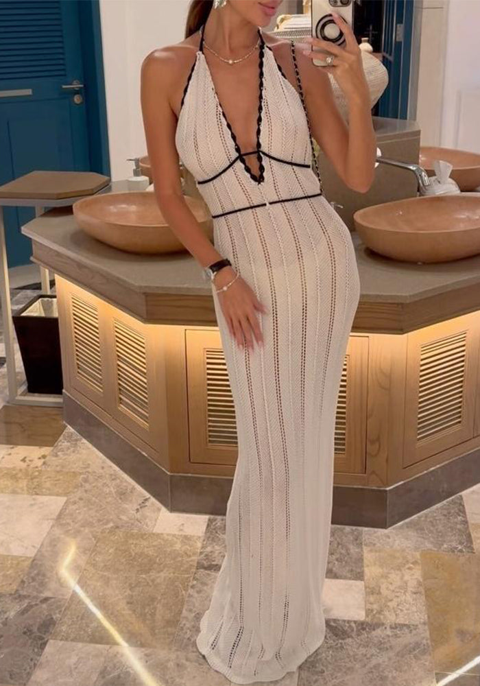 Summer Women's Fashion Sexy V-Neck Halter Neck Low-Back Knitted Dress