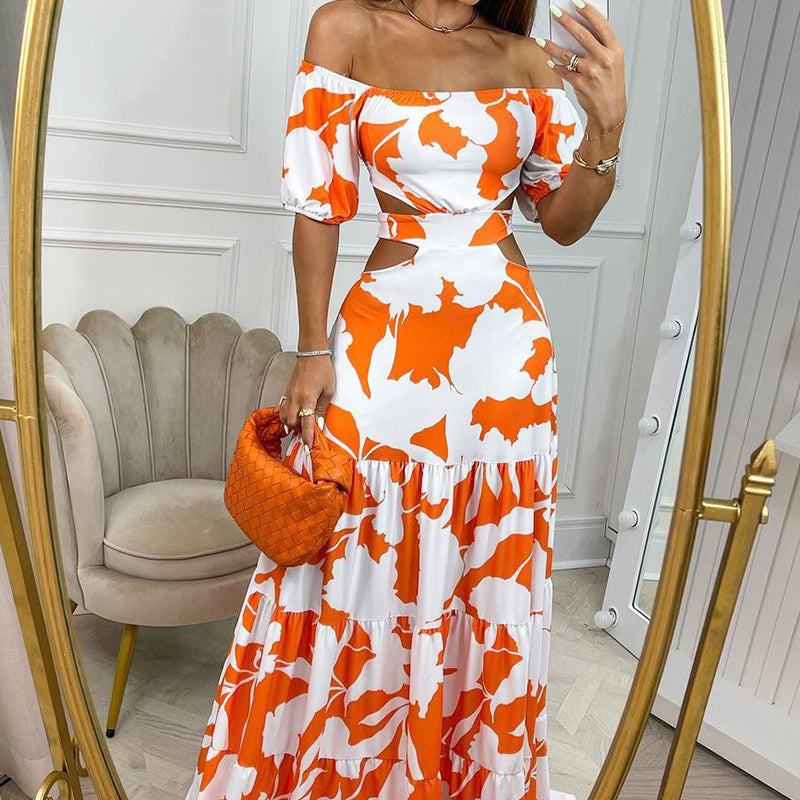 Women Sexy Print Off Shoulder Hollow Lace-up Dress