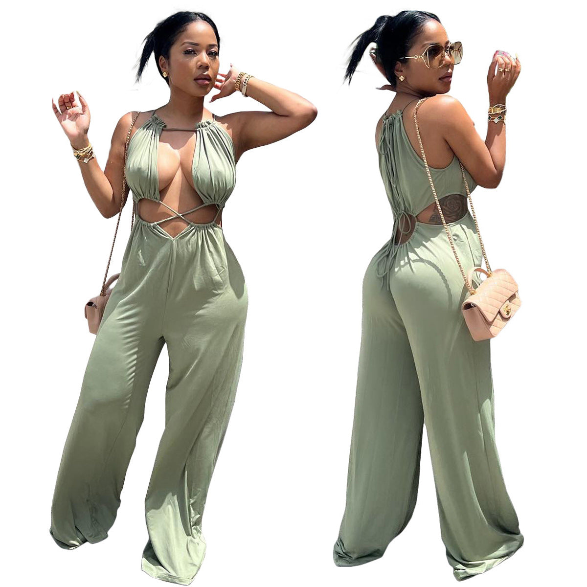 Sexy Irregular Lace-Up Wrap Chest Loose Wide Leg Jumpsuit 5