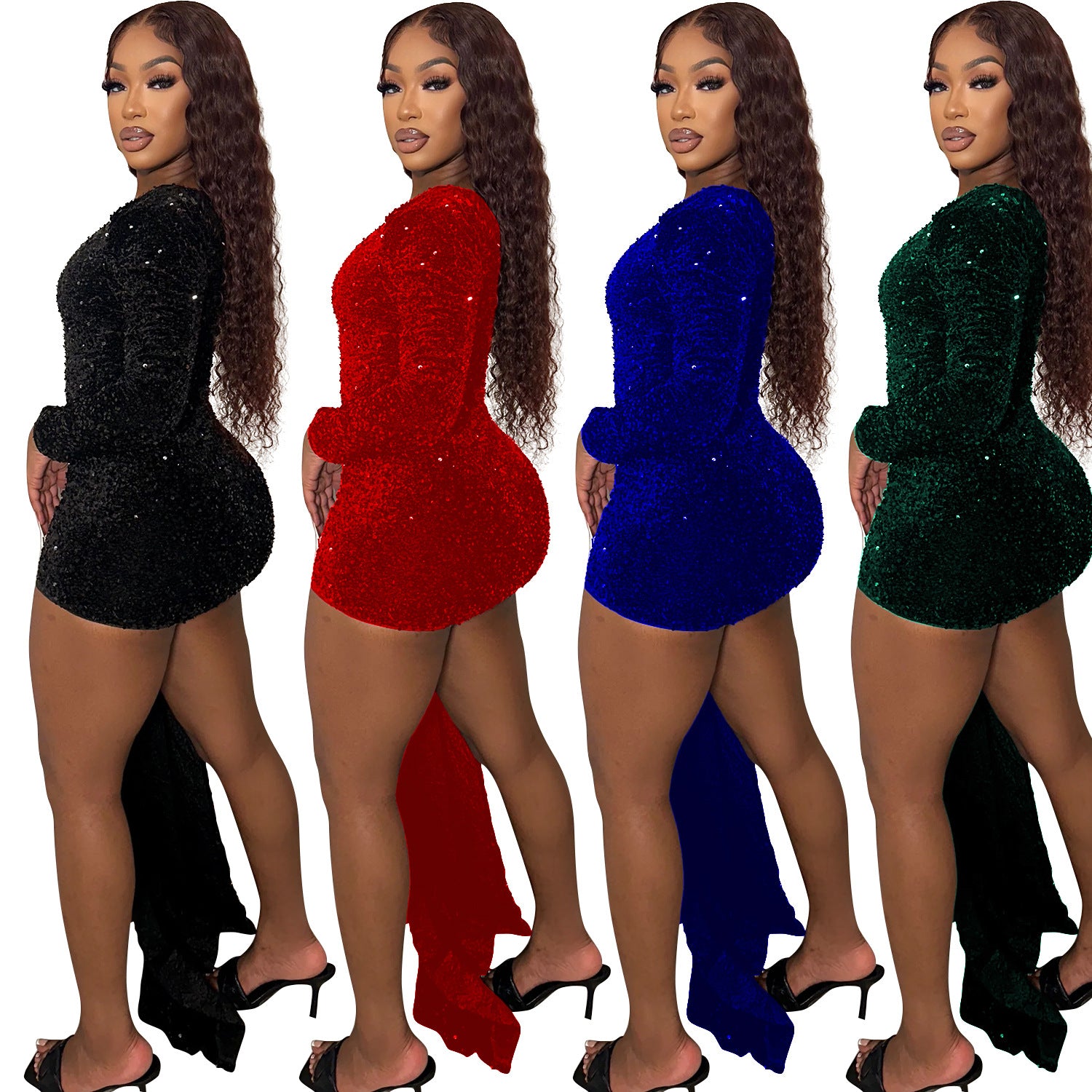 Women Sexy One Shoulder Long Sleeve Sequin Dress 9