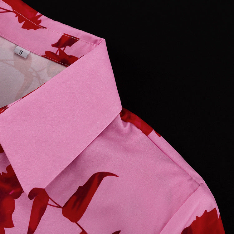 Fashion Print Turndown Collar Long Sleeve Shirt High Waist Split Short Skirt Two Piece Set 9