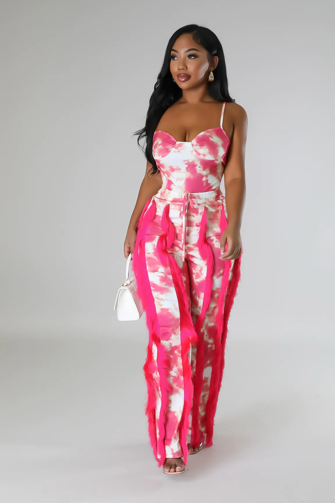 Women's Two-piece Pants V-Neck One-Piece bodysuit Top Sexy Tie-Dye Tassel Trousers Set 10