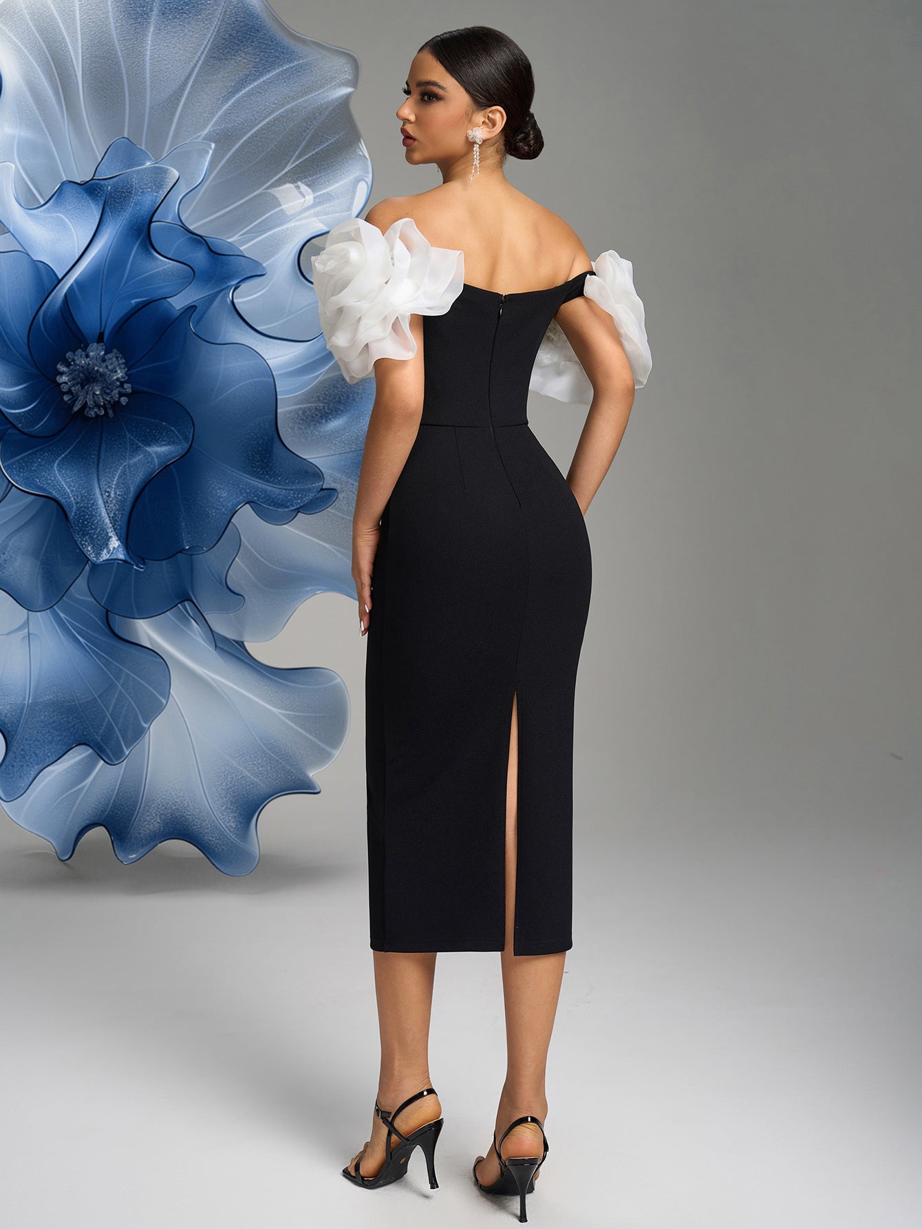 Black & White Off-Shoulder Floral Sleeve Bodycon Party Dress 5