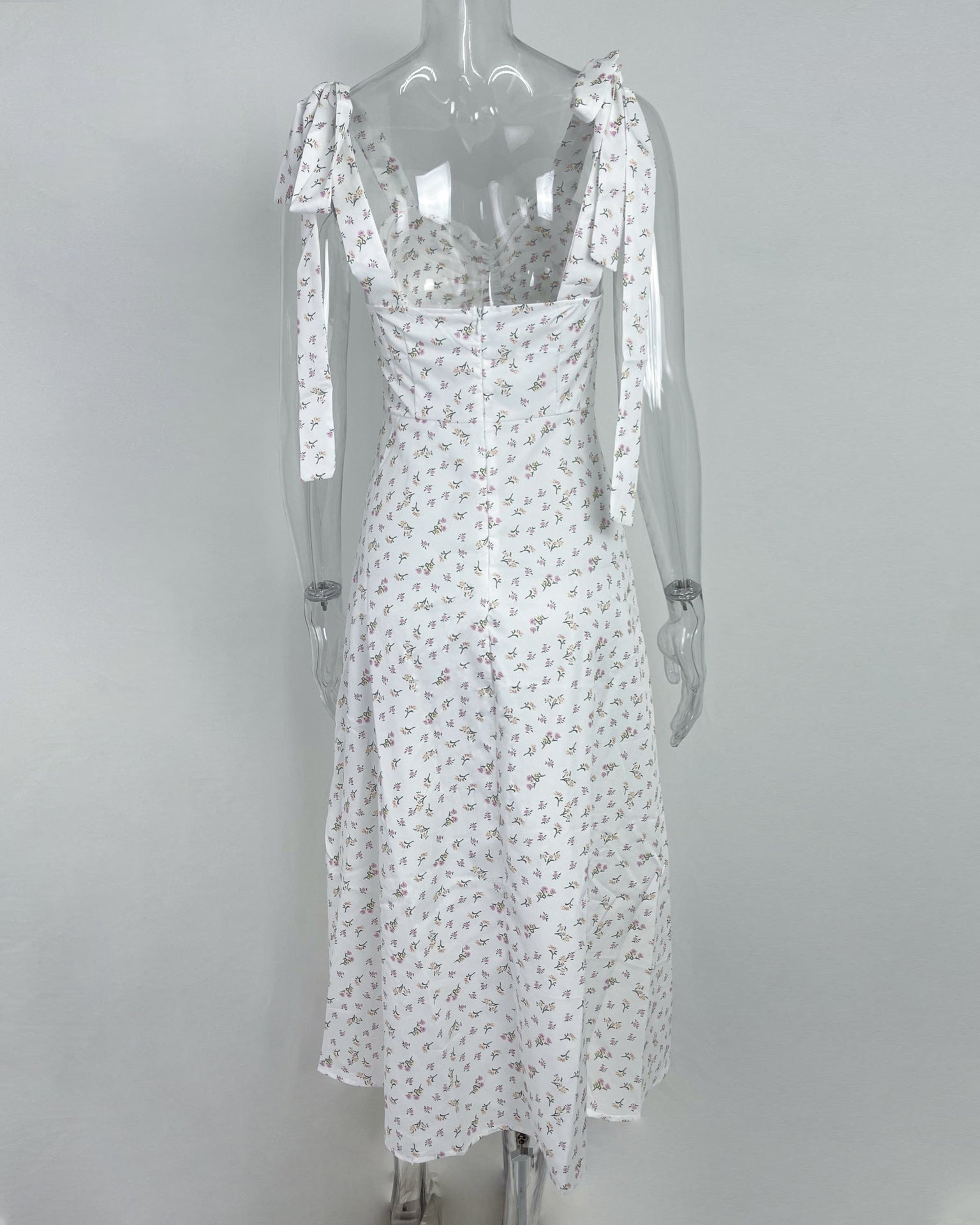 Women V-neck Suspender Lace-up Floral Backless Slit Dress 7