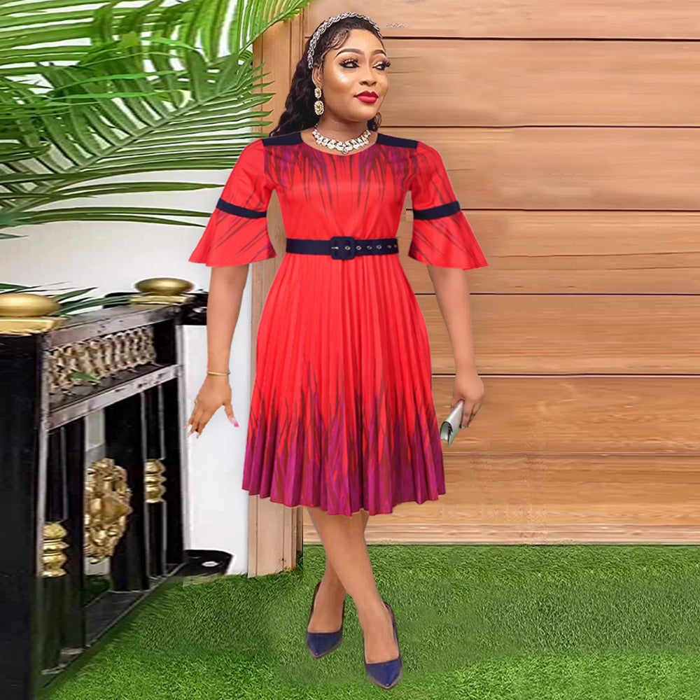 Plus Size African Dress Women High Waist Fashion Round Neck Printed Pleated Dress 4