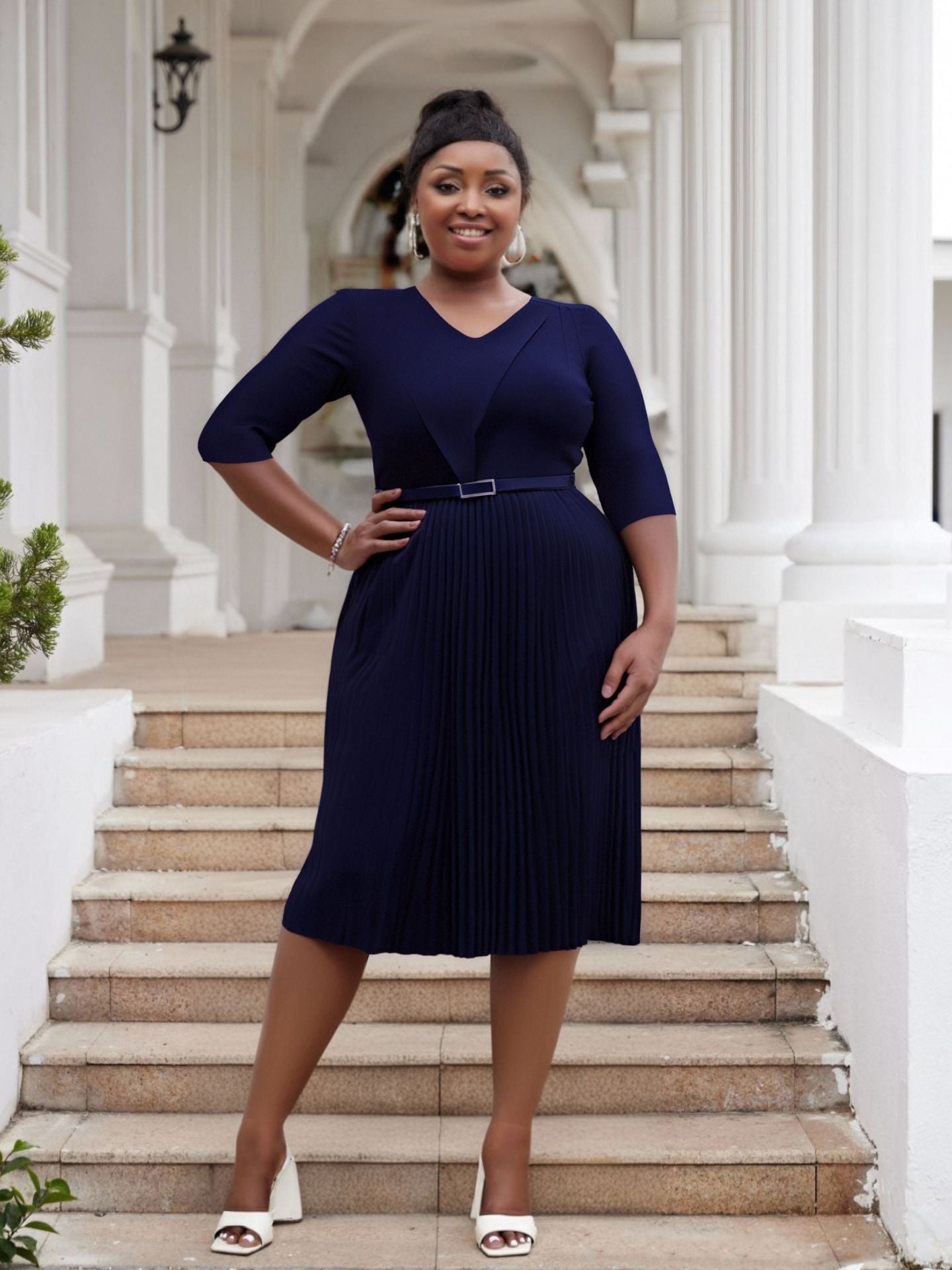 Plus Size fashion Career women's summer fashion Chic V-neck solid color pleated office dress 9