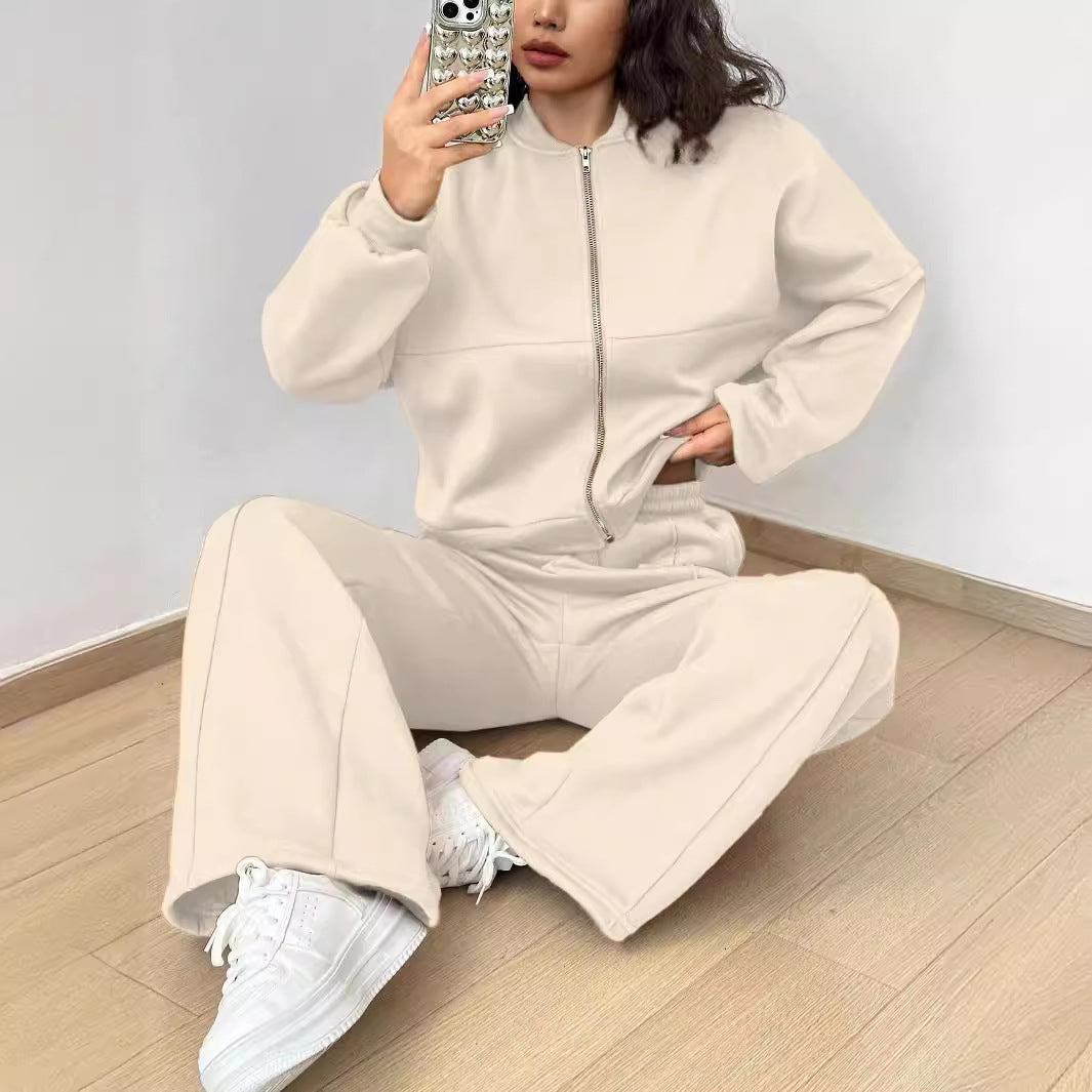 Spring autumn two-piece trendy solid color zipper long sleeve loose top elastic sweatpants two-piece set 8