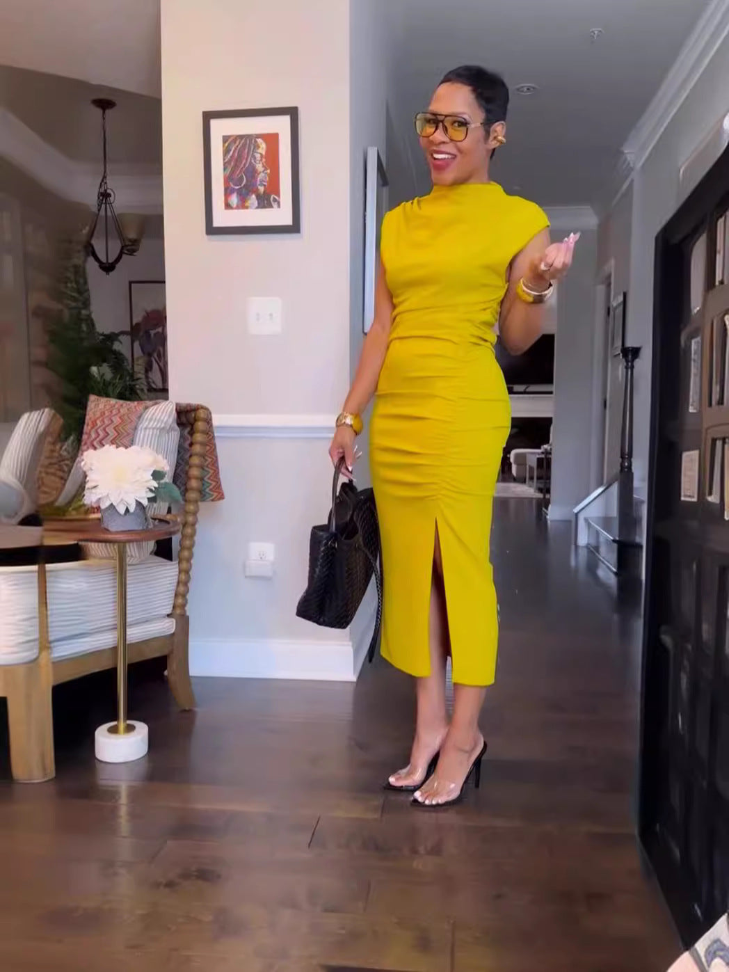 Women Solid Slit Chic Midi Bodycon Dress 5