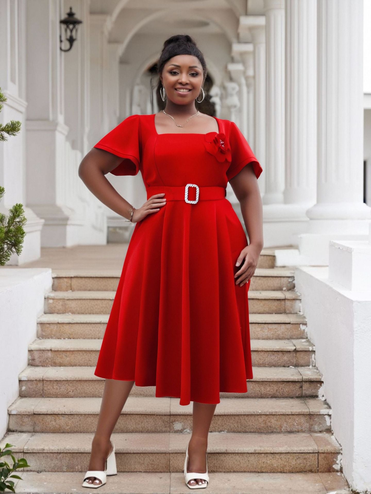 Plus Size Women Square Neck Solid High Waist Dress 6