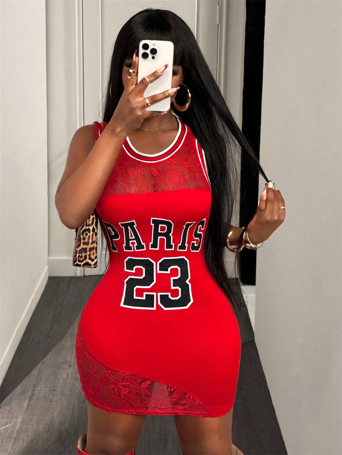 Women summer Letter print lace See-Through American sleeveless dress 5