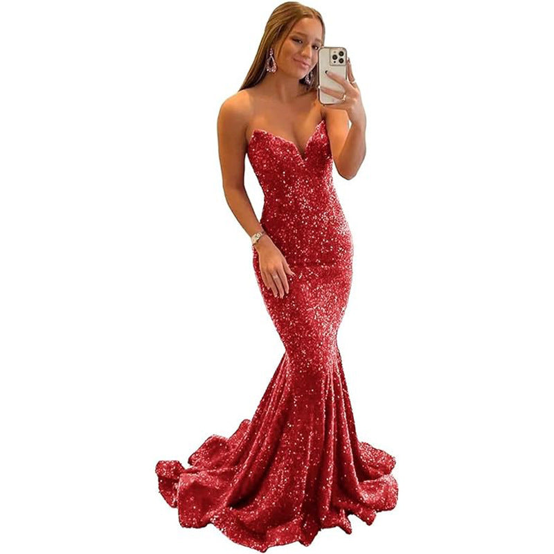 Women Sequined Ball Party Fishtail Shining V Neck Evening Dress（Processing time need 3-6 days） 37