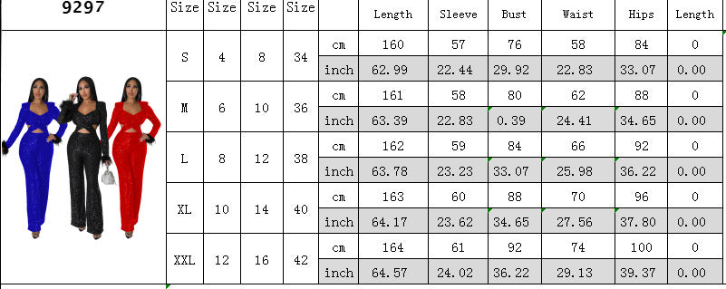 Autumn and winter long sequined feather hollow-out slim long-sleeved party Jumpsuit 14