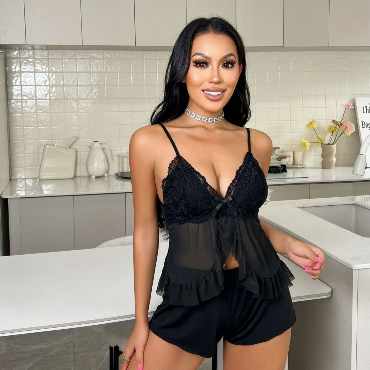 Solid Color Strap Pajama Shorts Set V-Neck Loungewear Set 3