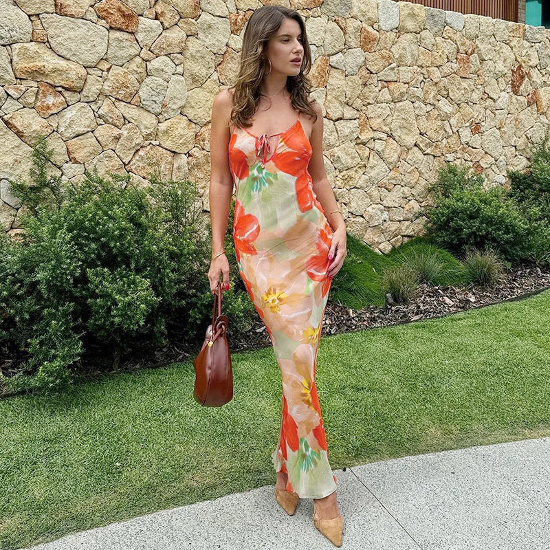 Summer Sexy Printed Lace-Up Hollow Holidays Strap Fishtail Dress 4