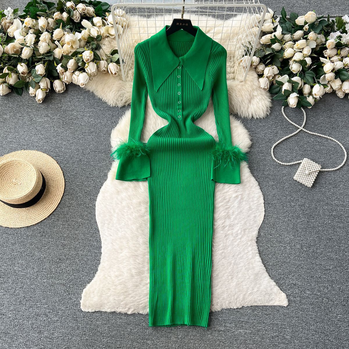 Luxury Knitting Dress Autumn And Winter Turndown Collar Feather Tight Fitting Dress 5