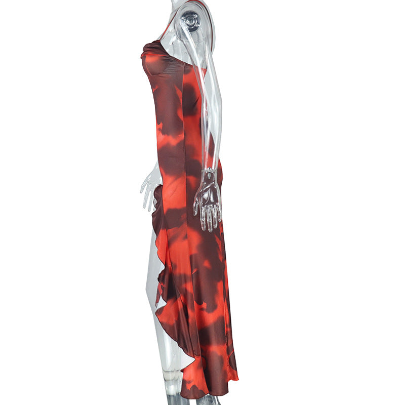 Women Pleated Slit Printed Irregular Dress 8