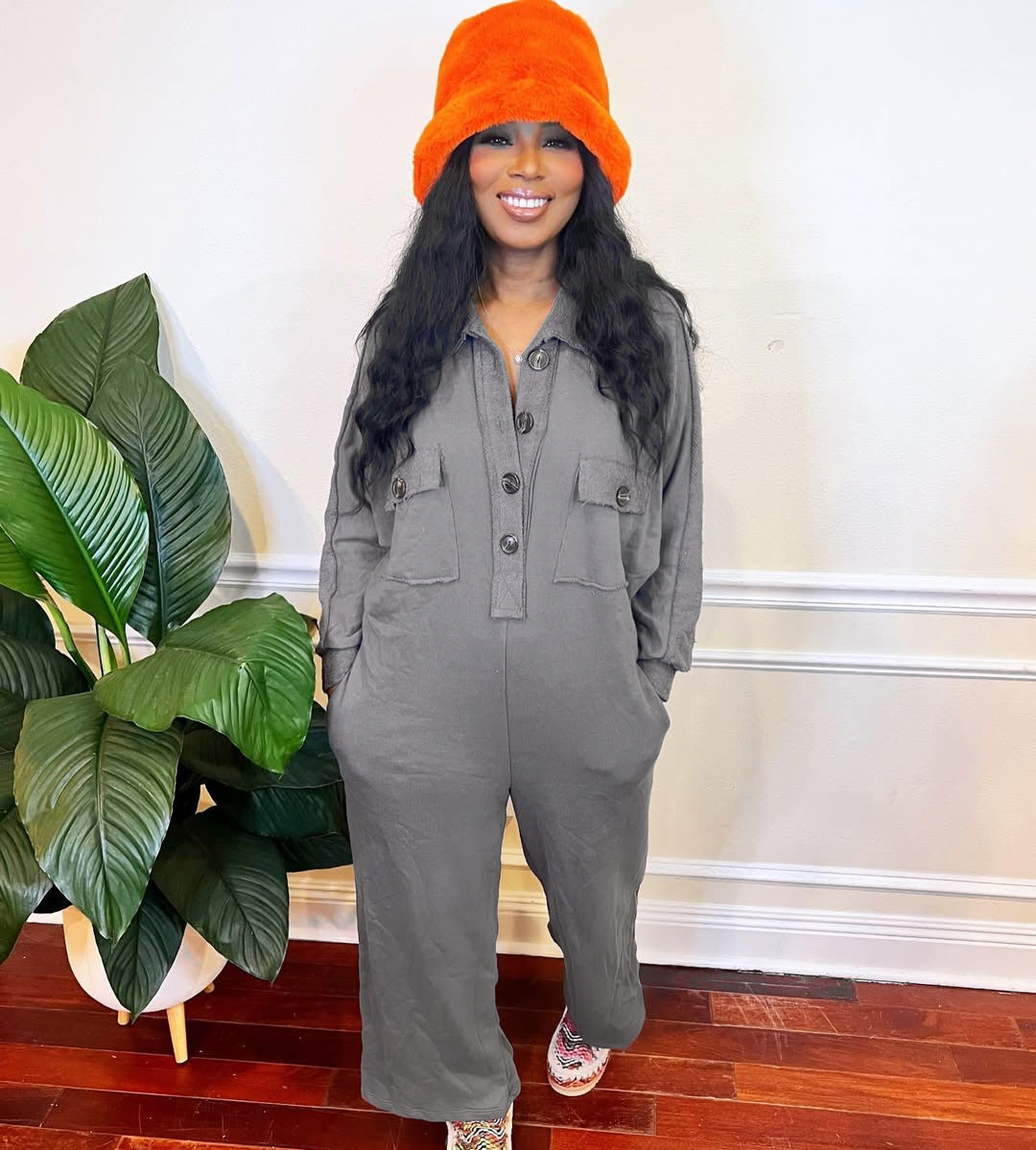 Women Casual Turndown Collar Wide-Leg Jumpsuit 3