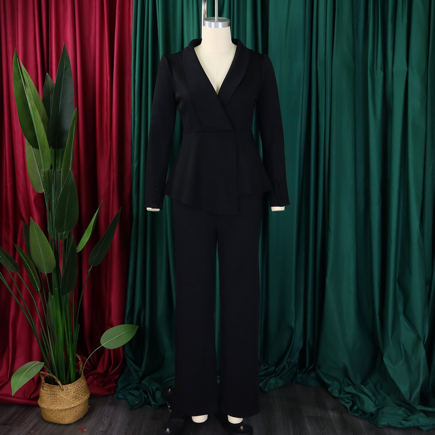 Women Elegant Ruffled Long Sleeve Top Wide Leg Pants Two-Piece Set 18