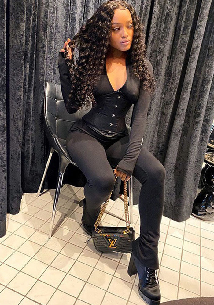 Women's Autumn Solid Color Corset Zipper Tight Fitting Casual Jumpsuit Two Piece Set