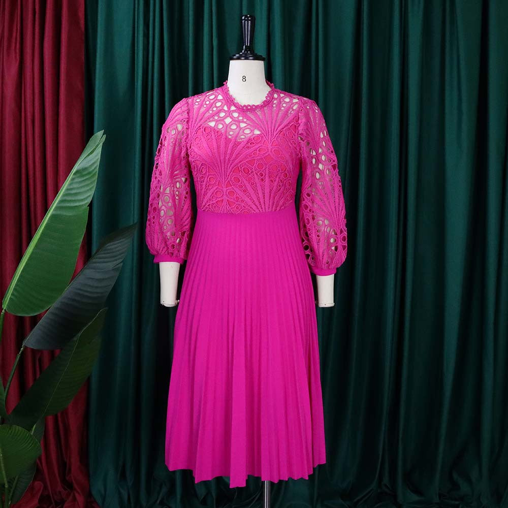 Women's Fall/Winter lace Patchwork Pleated Cutout Sexy Plus Size Dress 14