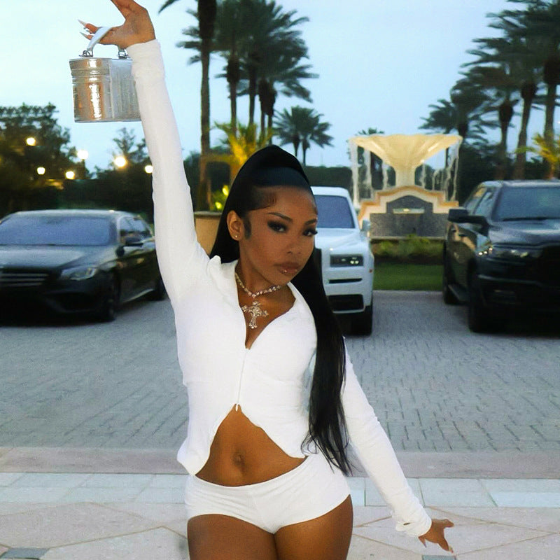 Women Autumn/Winter Stand Collar Zippered Top Shorts with Three-Piece Knee Pads 19