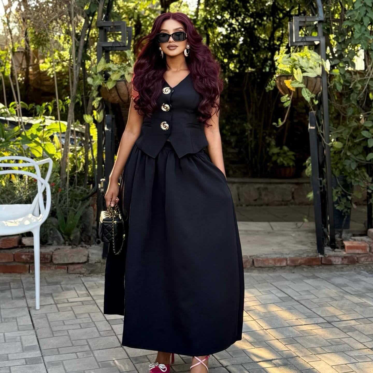 Women's Sleeveless Vest V-Neck Button Top African Chic Elegant Long Skirt Two-Piece Set