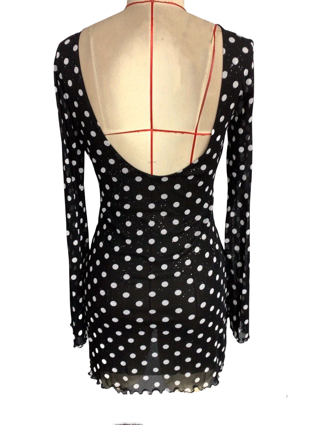 Women's Mesh Polka Dot Print Round Neck Low Back Long Sleeve Dress 7