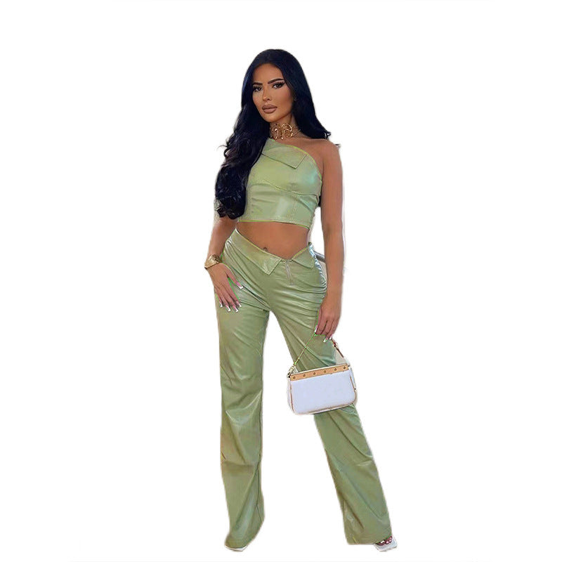 Women summer Slash Shoulder one shoulder Tank Top and straight trousers pu Leather two-piece set 6
