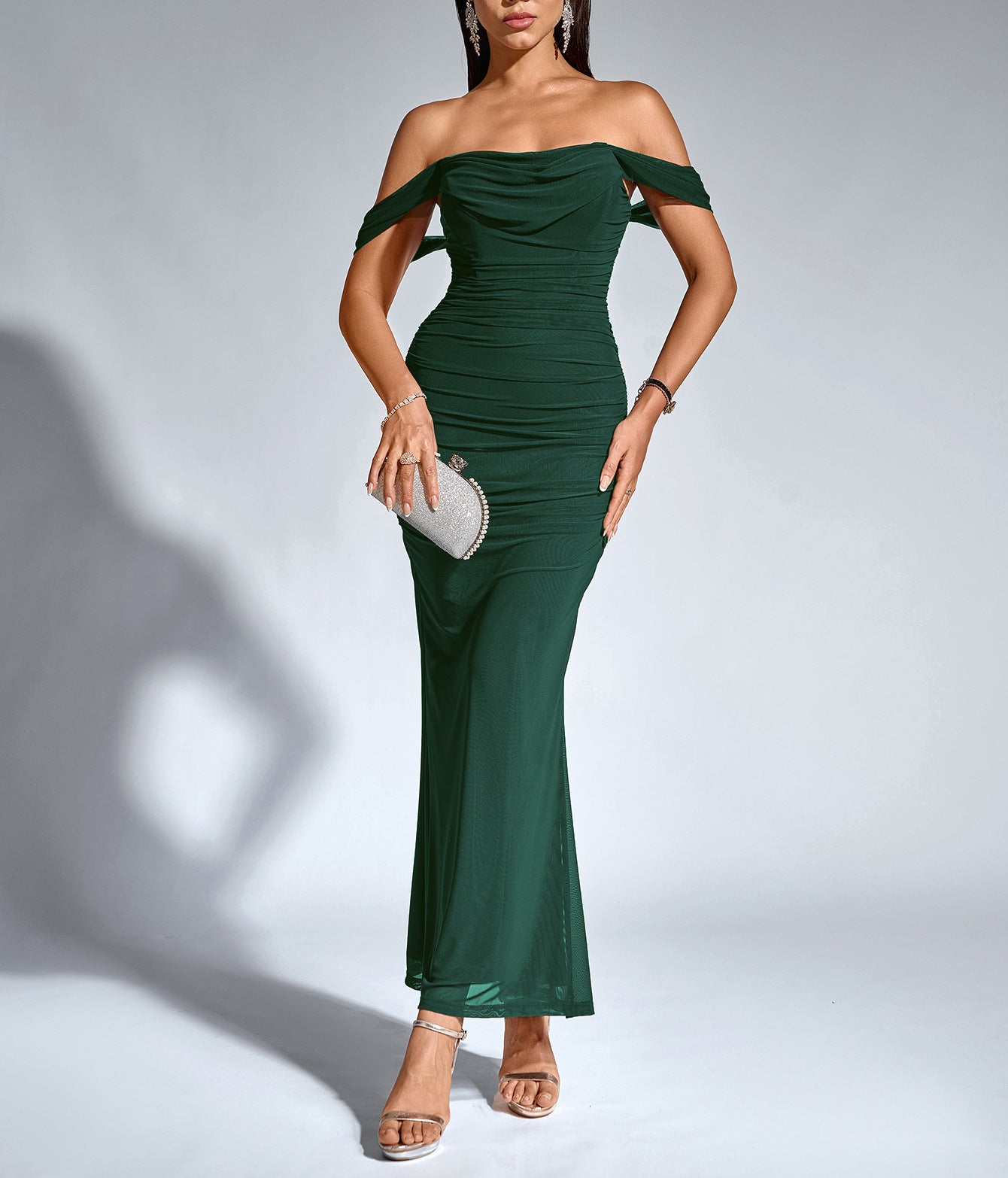 Women Fishbone Mesh Pleated Backless Off Shoulder Bodycon Dress 7