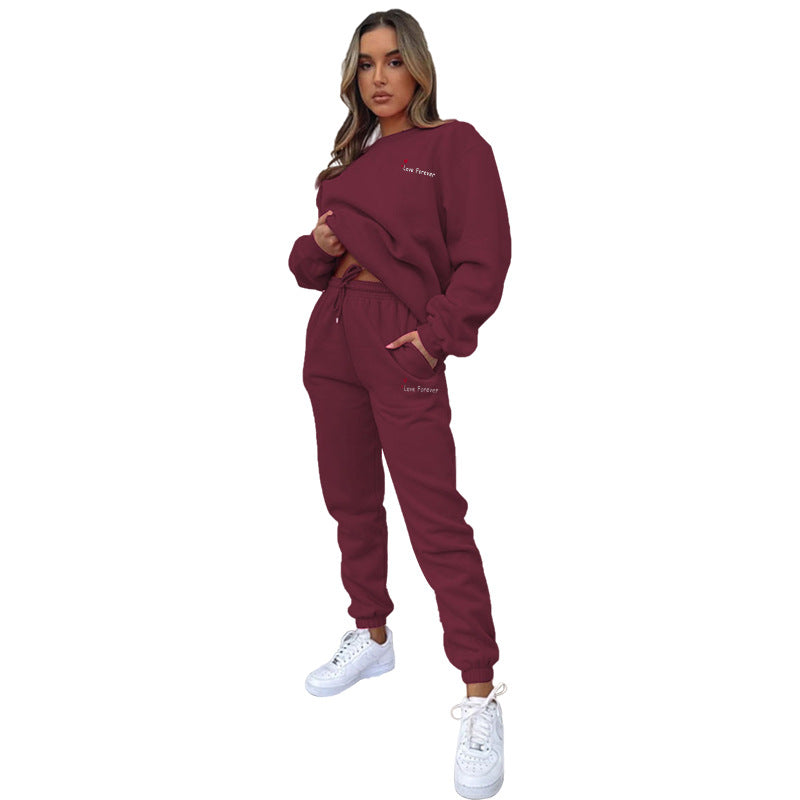 Women Autumn/Winter Printed Round Neck Long-Sleeved Top and Pants Two-Piece Set 11