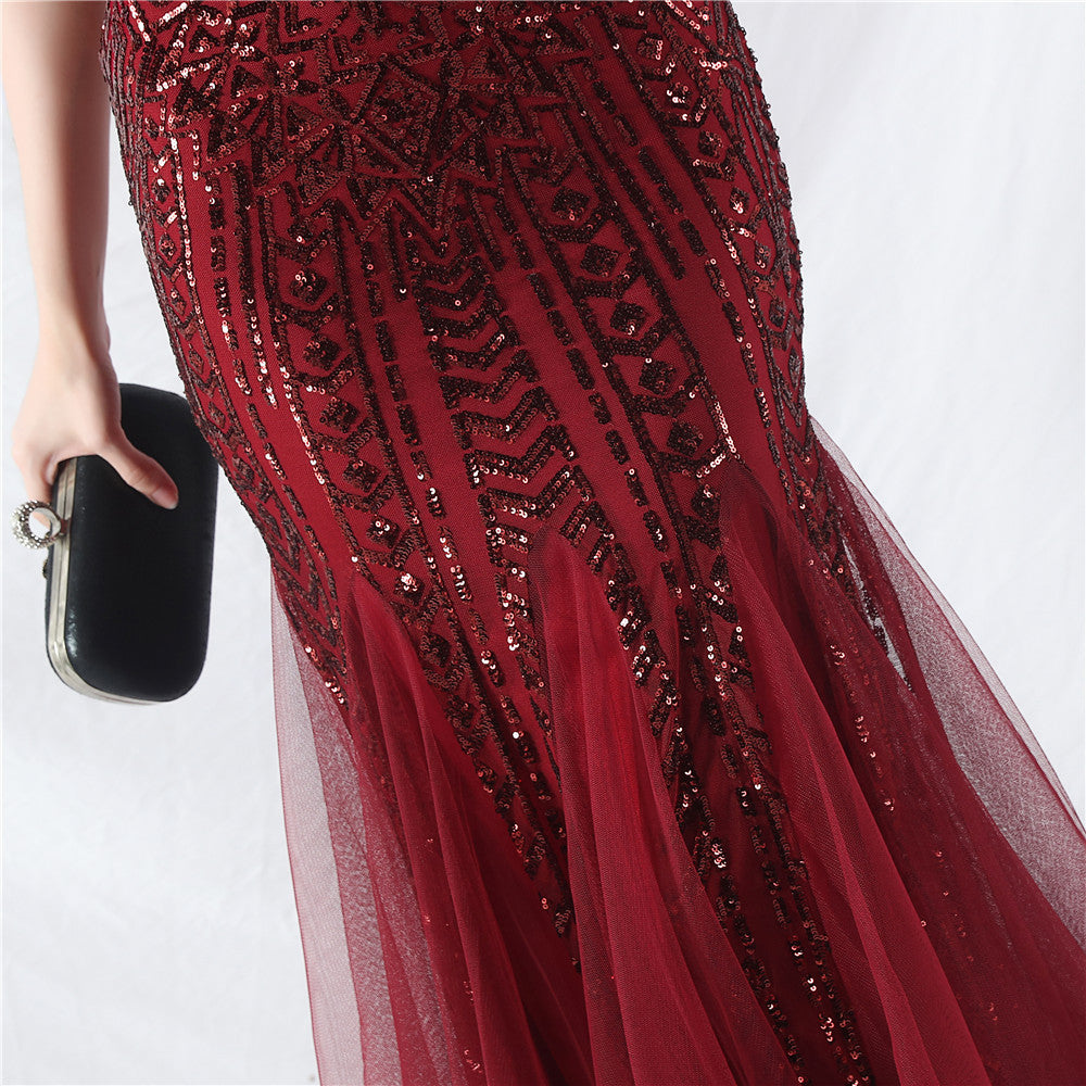 Sexy One Shoulder Sequins Mesh Patchwork Evening Dress 44