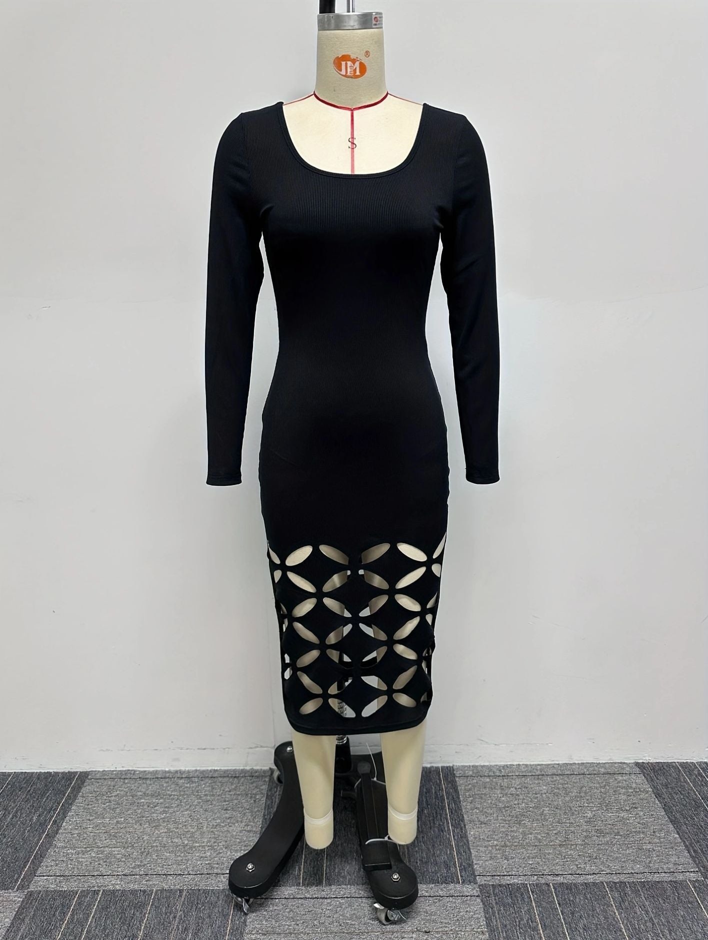 Ribbed Sexy Elastic Hollow Tight-Fitting Long Sleeve Bodycon Dress 4