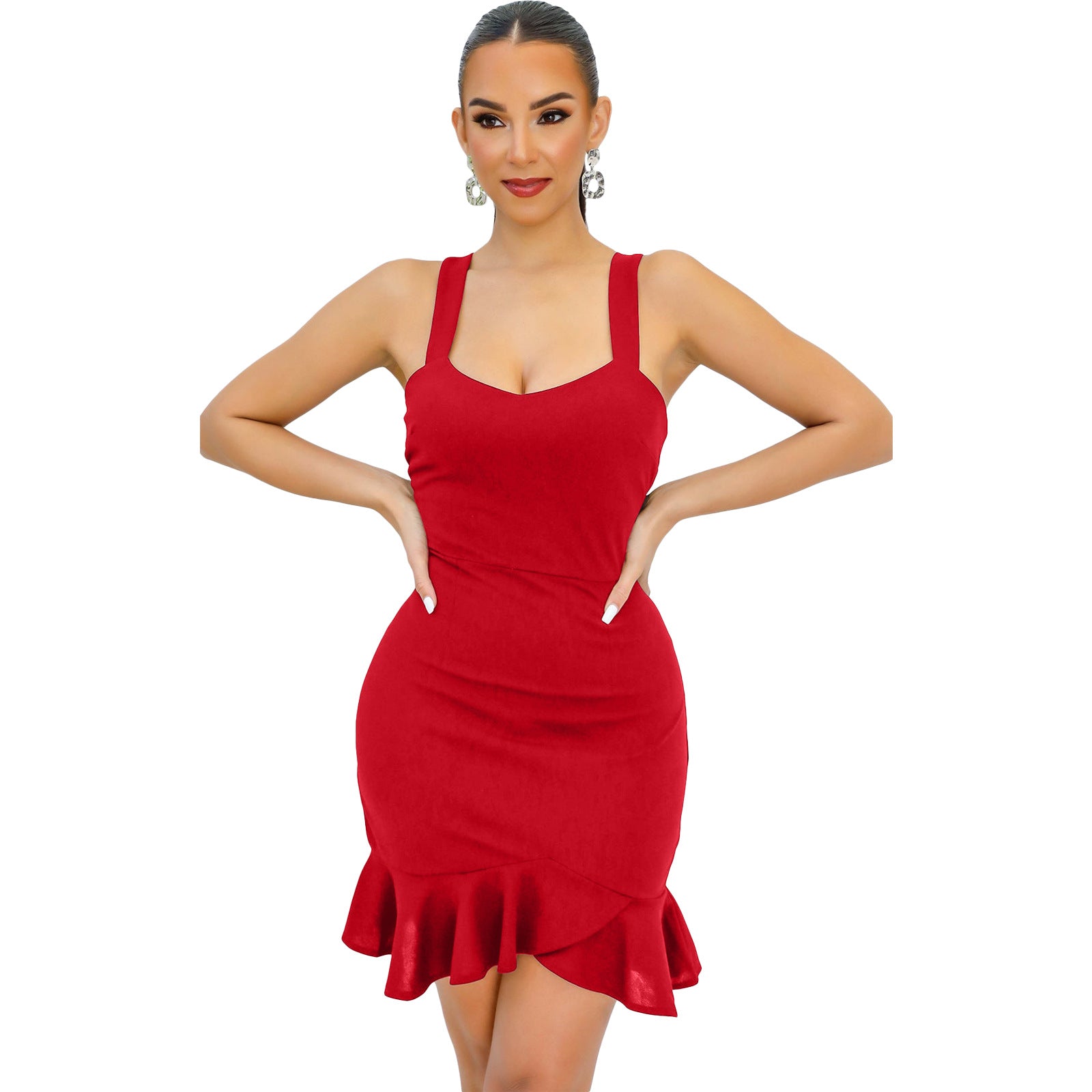 Fashion Solid Color Straps Ruffle Bodycon Dress 6