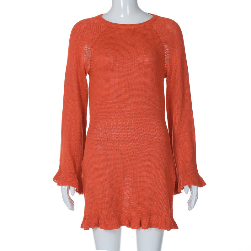 Winter Sexy Knitting Tie Low Back Bell Bottom Long Sleeve Solid Color Dress 24