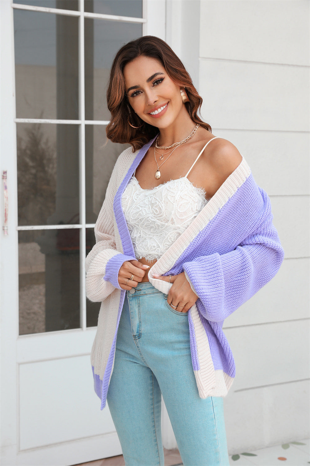 Plus Size Women Loose Patchwork Colorblock Knitting Cardigan Sweater 16