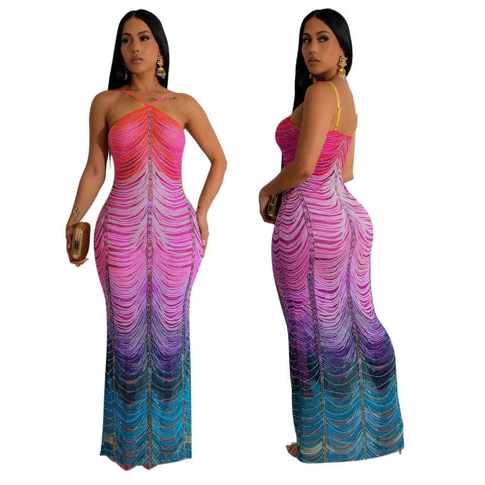Women's Printed Fashion Sexy Slim Beaded Long Dress 3