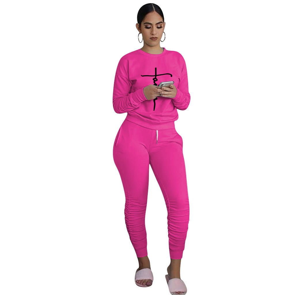Women'S Print Solid Color Long Sleeve Round Neck Top And Ruched Pants Set Two-Piece Set 5