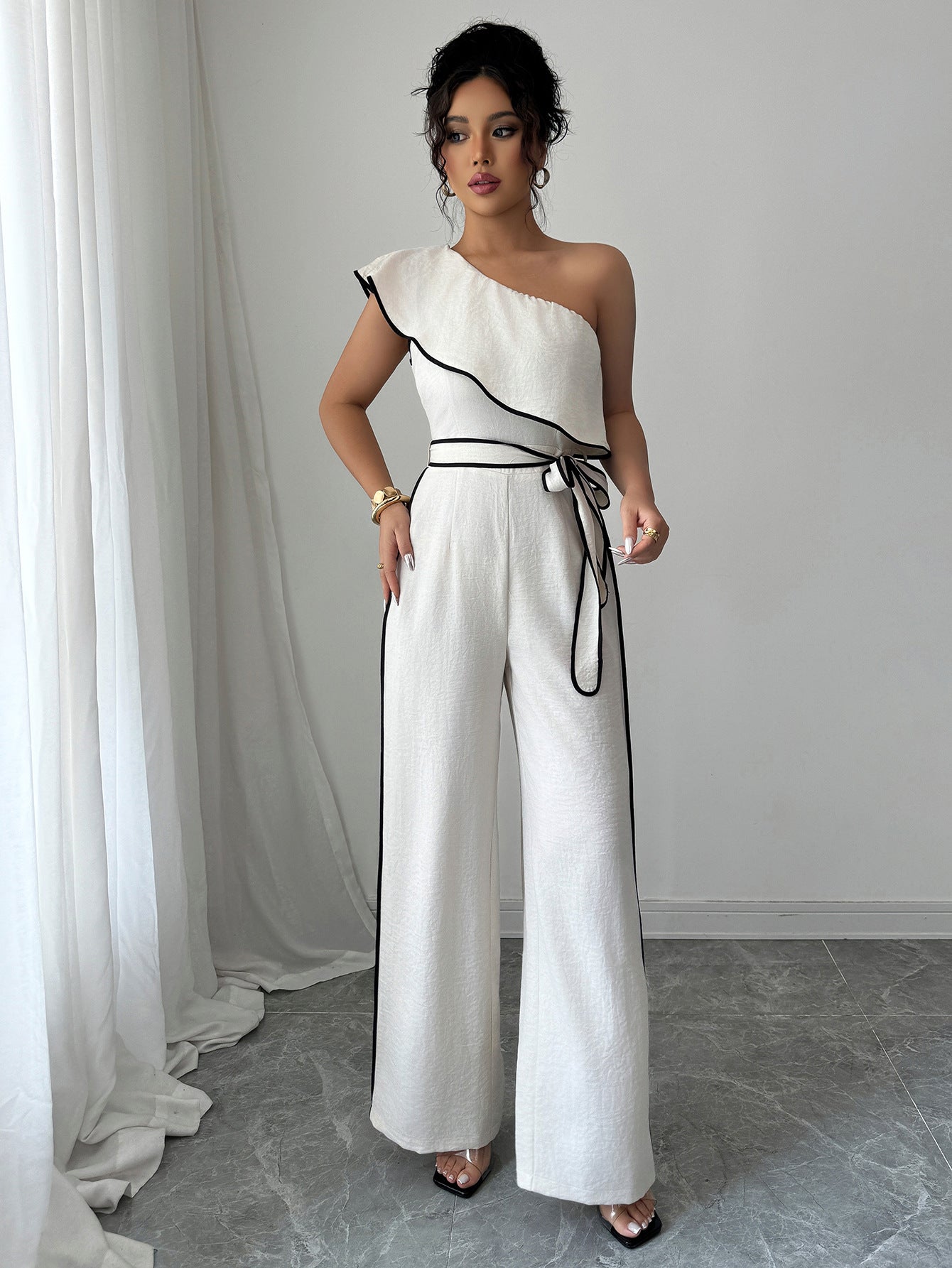 Summer Women's Chic Elegant One-Shoulder Wide-Leg Jumpsuit 5