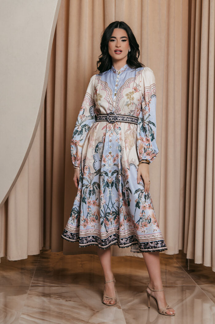 Elegant Print Row Jewelry Button Floral Lantern Sleeve Midi Dress with Belt 6