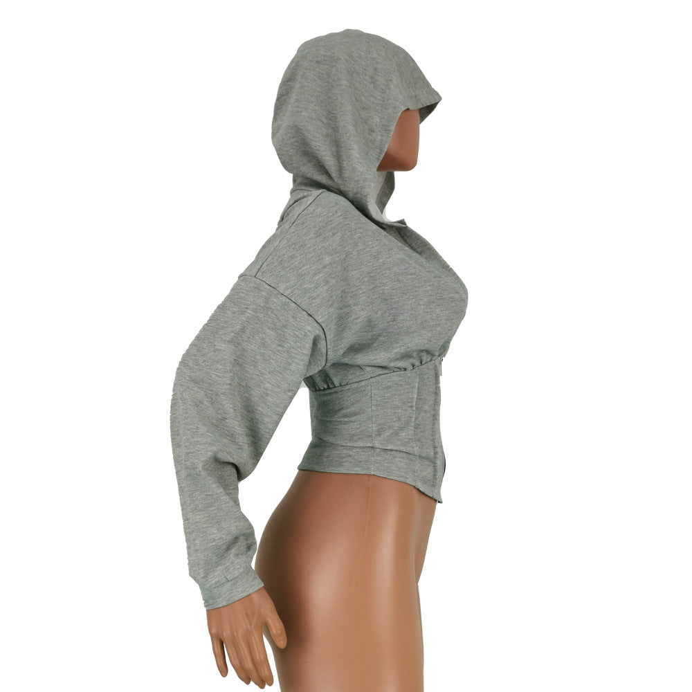 Women Sexy Elastic Waist Loose Hooded Zipper Top 22
