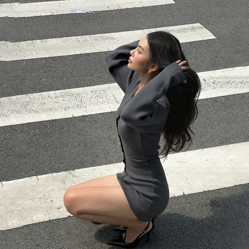 Women Sexy V Neck Knitting Long Sleeve Dress 5